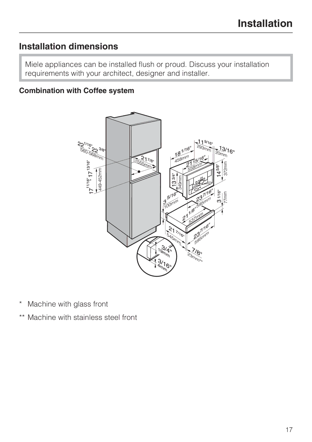 Miele EGW2062 installation instructions Installation dimensions, Combination with Coffee system 