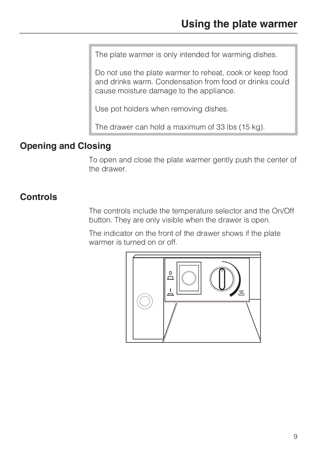 Miele EGW2062 installation instructions Using the plate warmer, Opening and Closing, Controls 