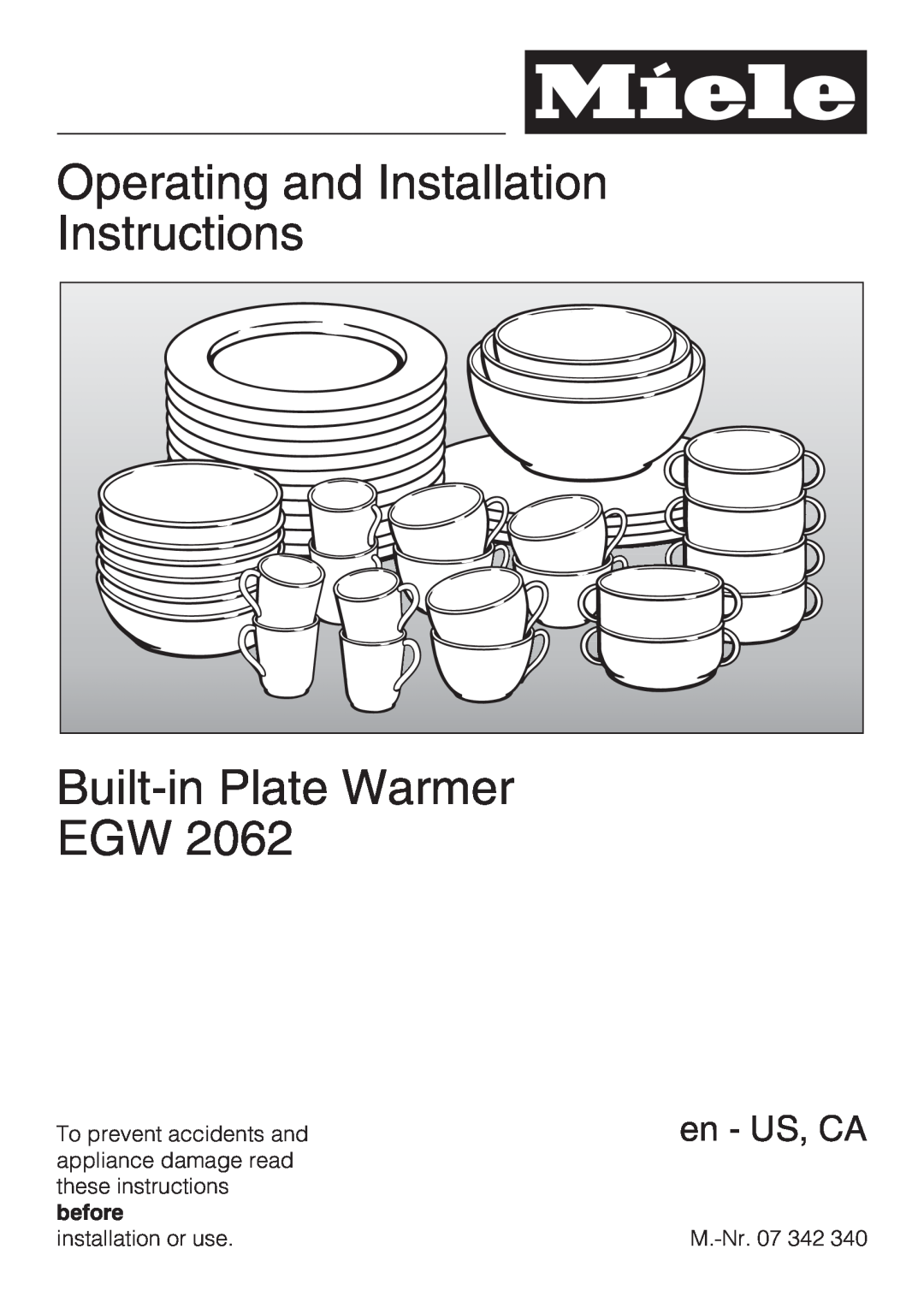 Miele EGW2062 installation instructions Operating and Installation Instructions, Built-inPlate Warmer EGW, en - US, CA 