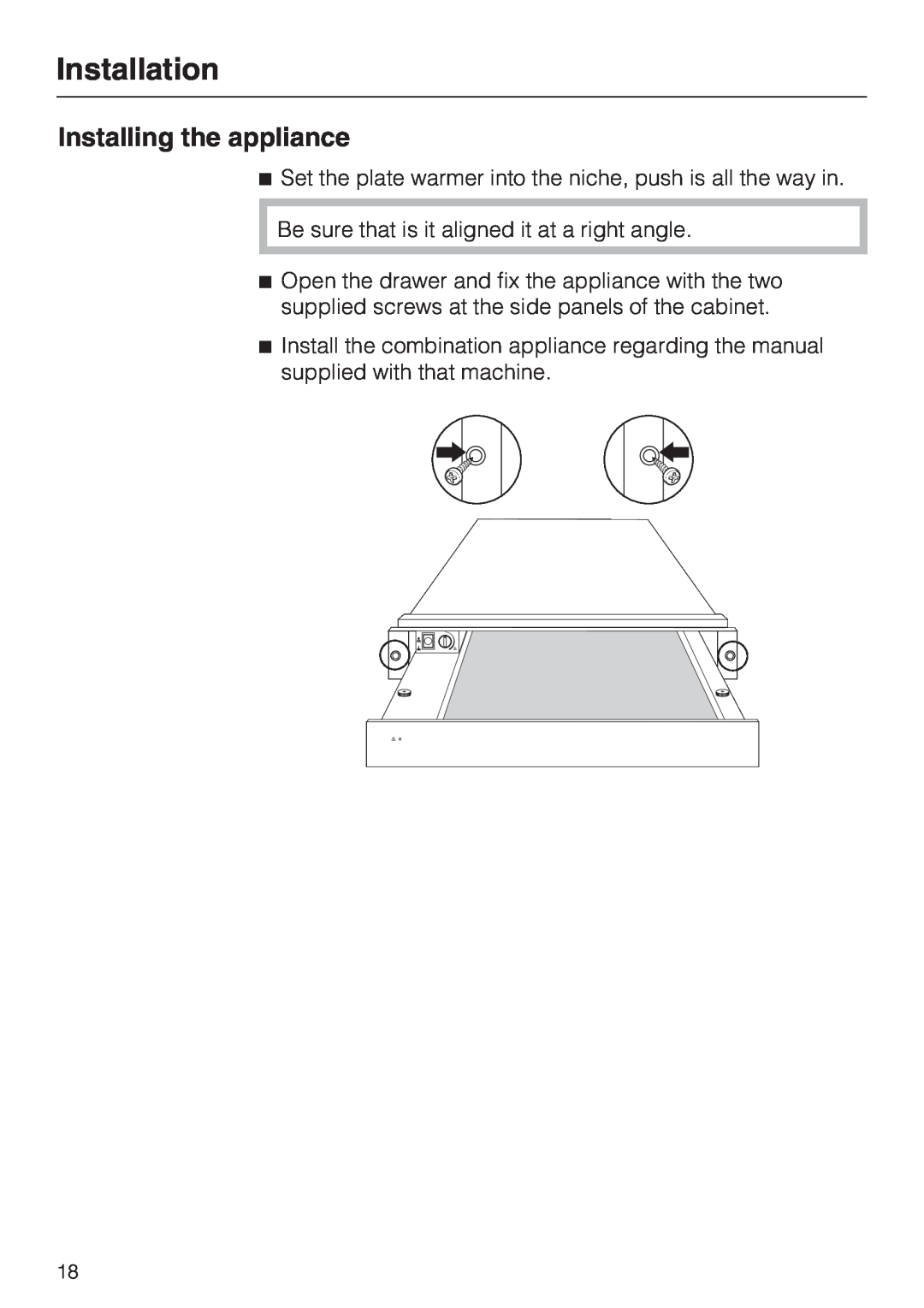 Miele EGW2062 installation instructions Installing the appliance, Installation 
