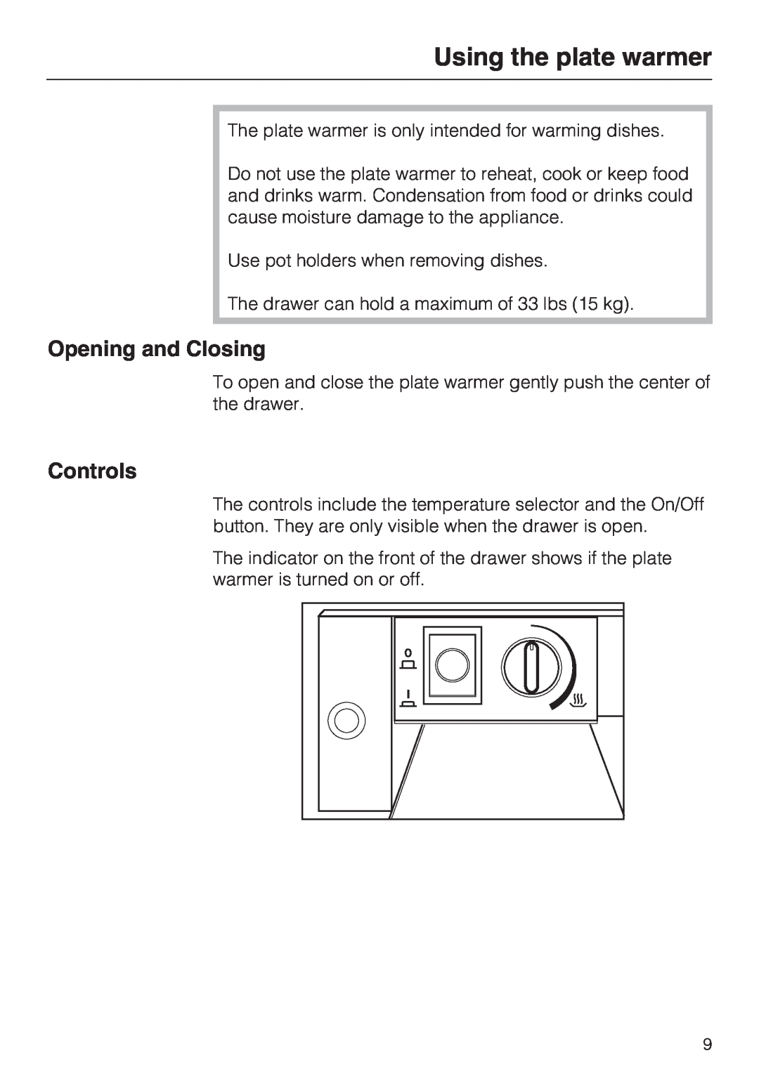 Miele EGW2062 installation instructions Using the plate warmer, Opening and Closing, Controls 