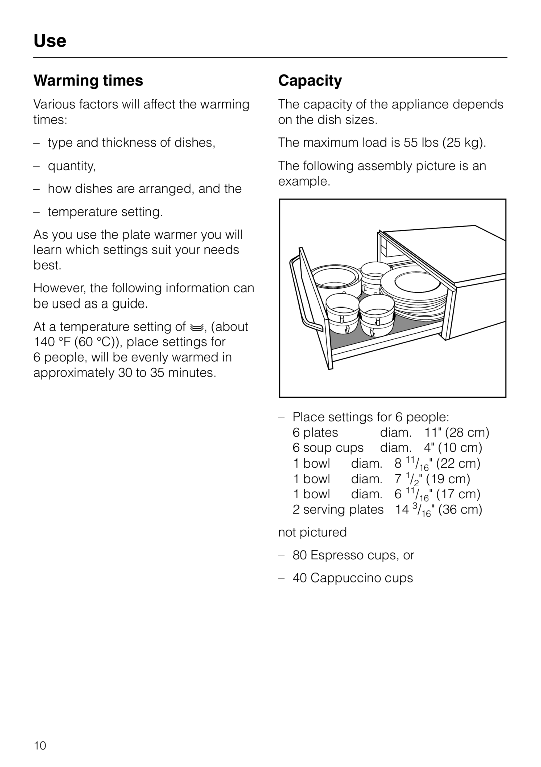 Miele EGW4060-14 operating instructions Warming times, Capacity 