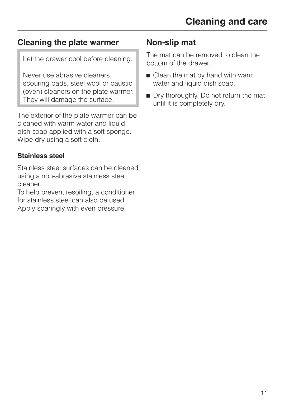 Miele EGW4060-14 operating instructions Cleaning and care, Cleaning the plate warmer, Non-slip mat 