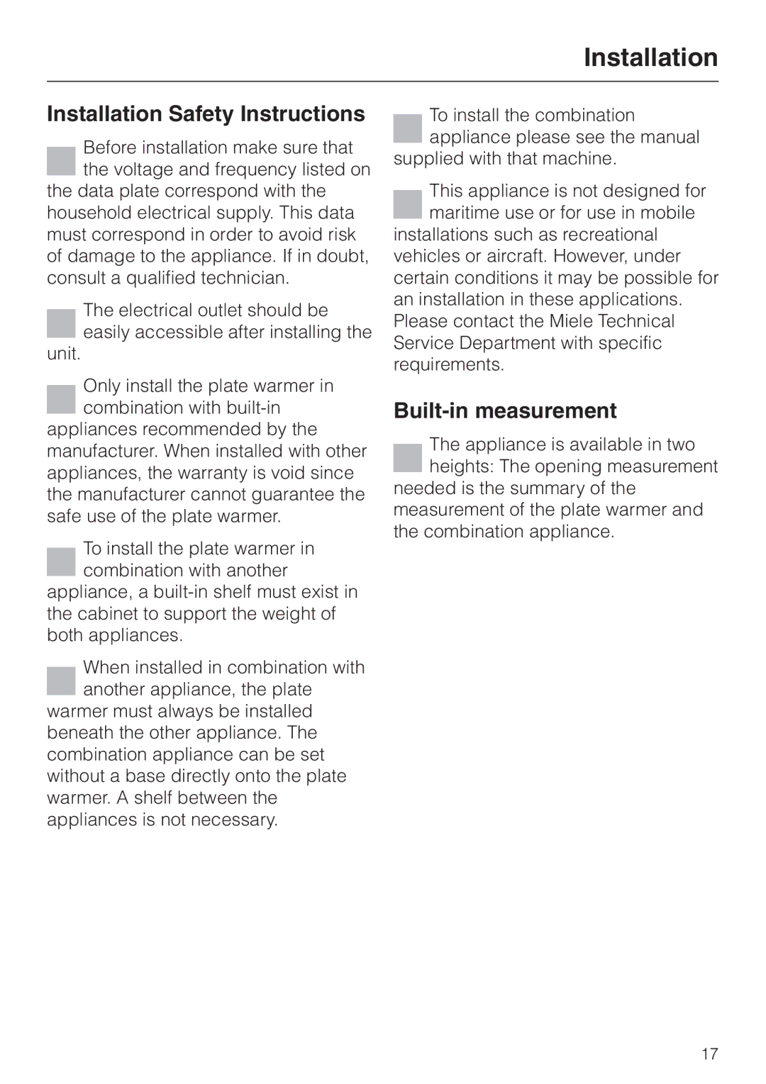 Miele EGW4060-14 operating instructions Installation Safety Instructions, Built-in measurement 