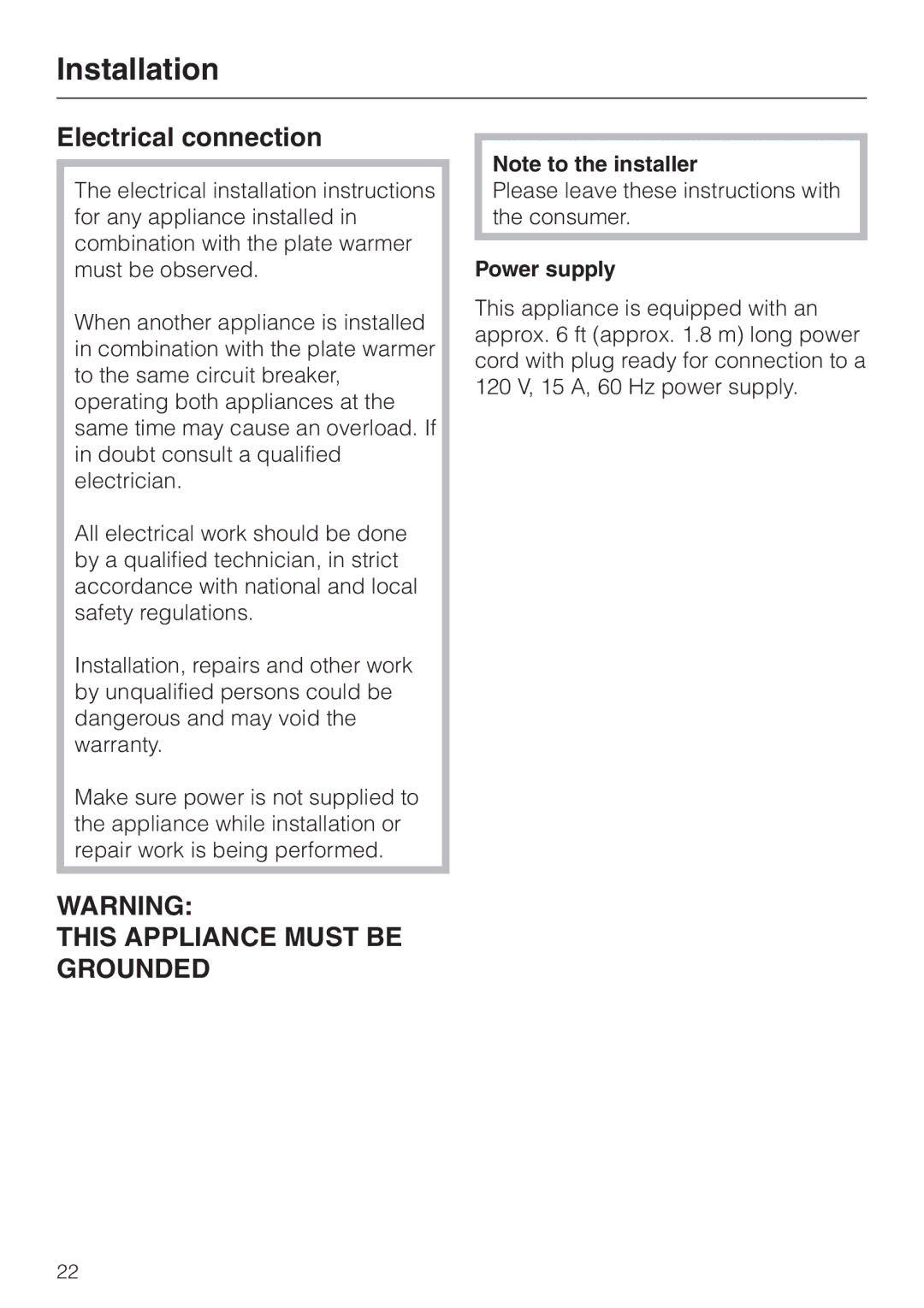 Miele EGW4060-14 operating instructions Electrical connection, This Appliance Must be Grounded 