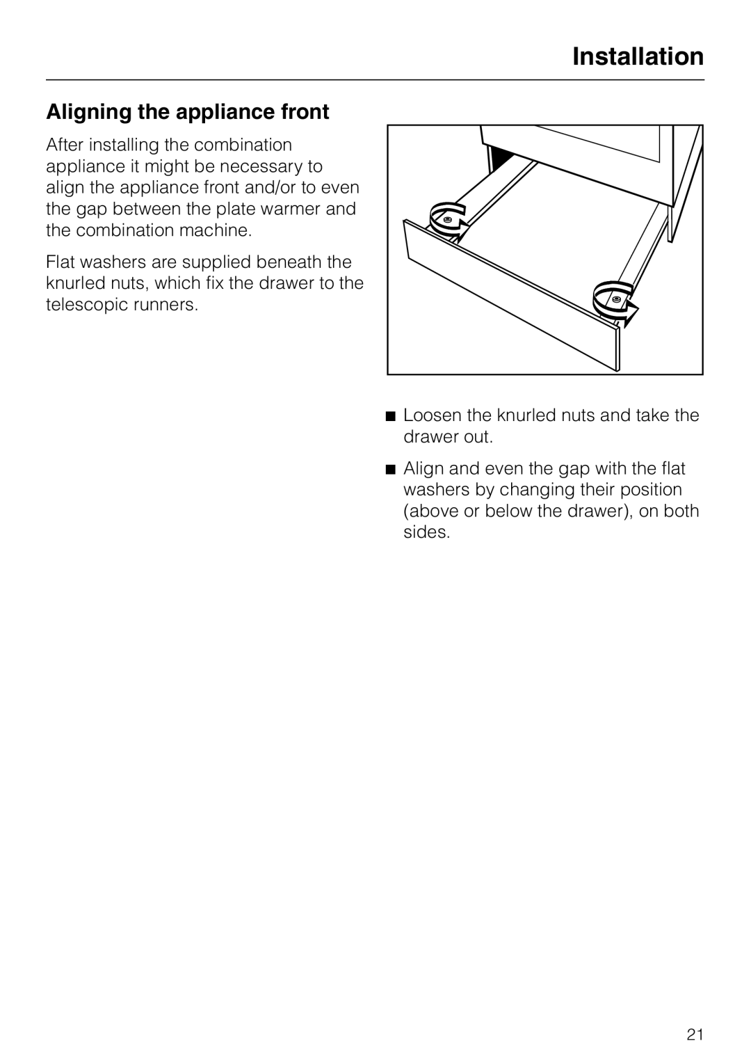 Miele EGW4060-14 operating instructions Aligning the appliance front, Installation 