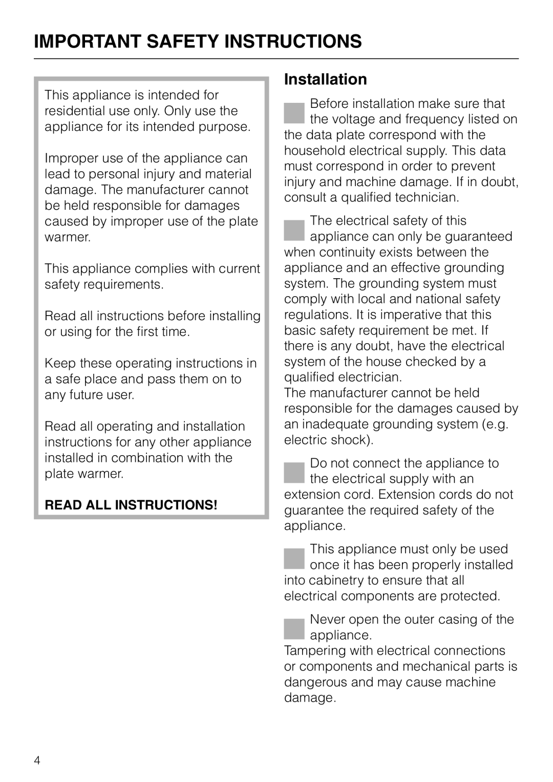 Miele EGW4060-14 operating instructions Important Safety Instructions, Installation 