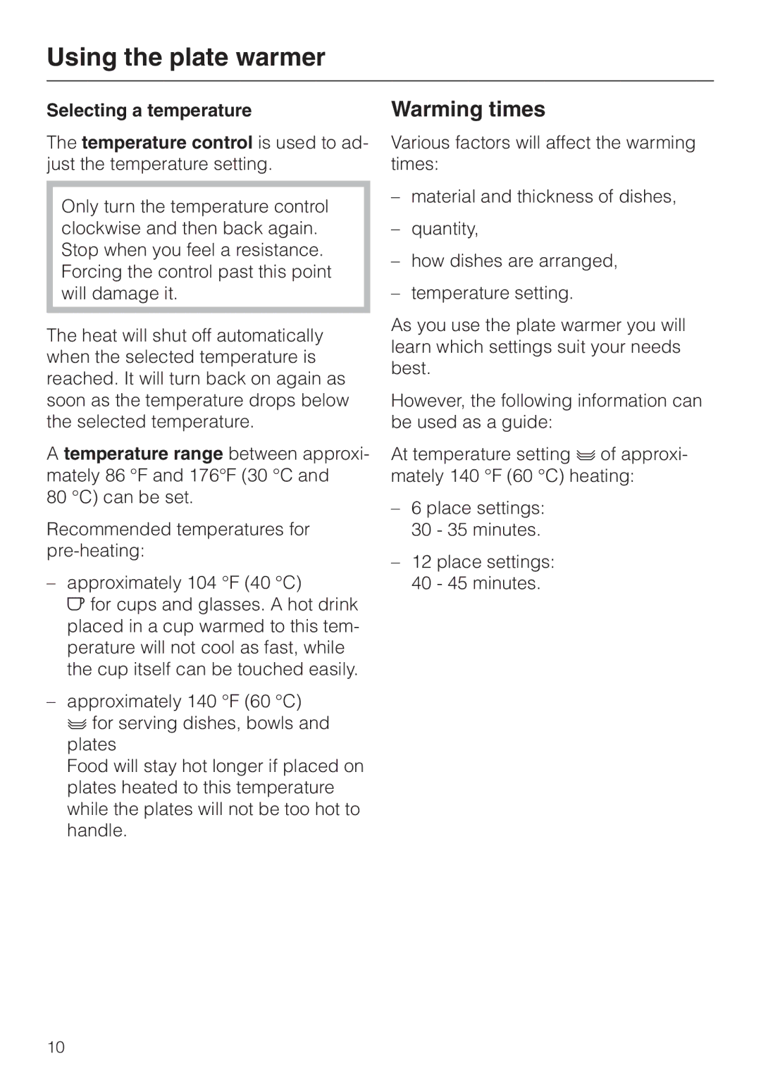 Miele EGW602-14 installation instructions Warming times 