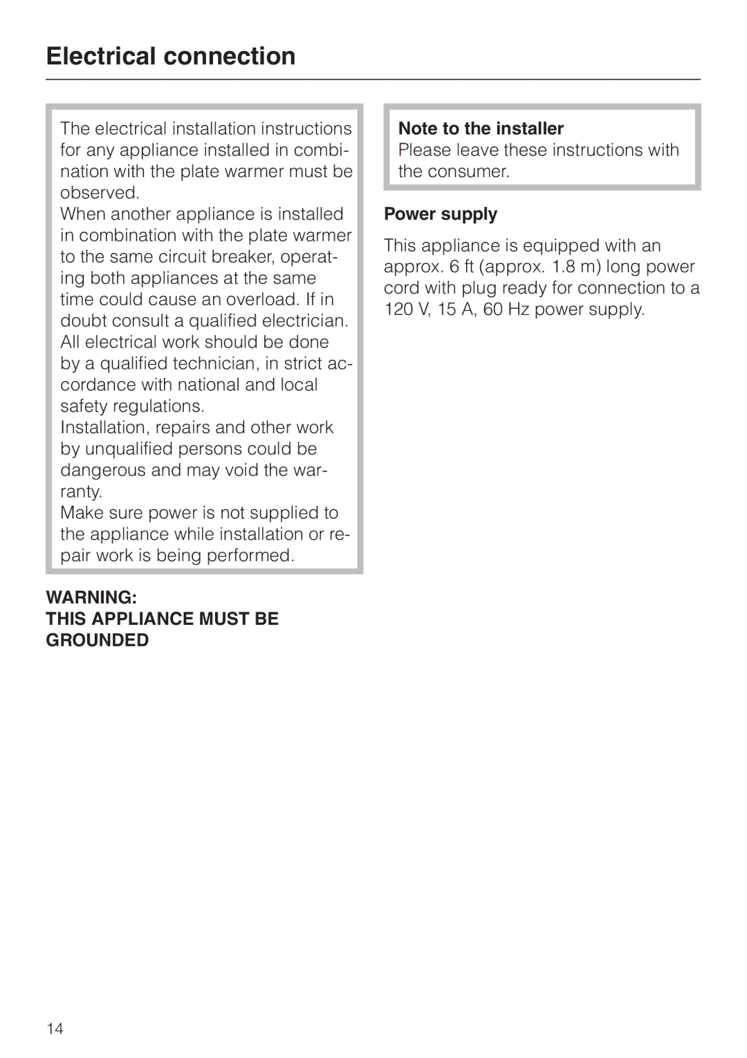 Miele EGW602-14 installation instructions Electrical connection, Power supply 