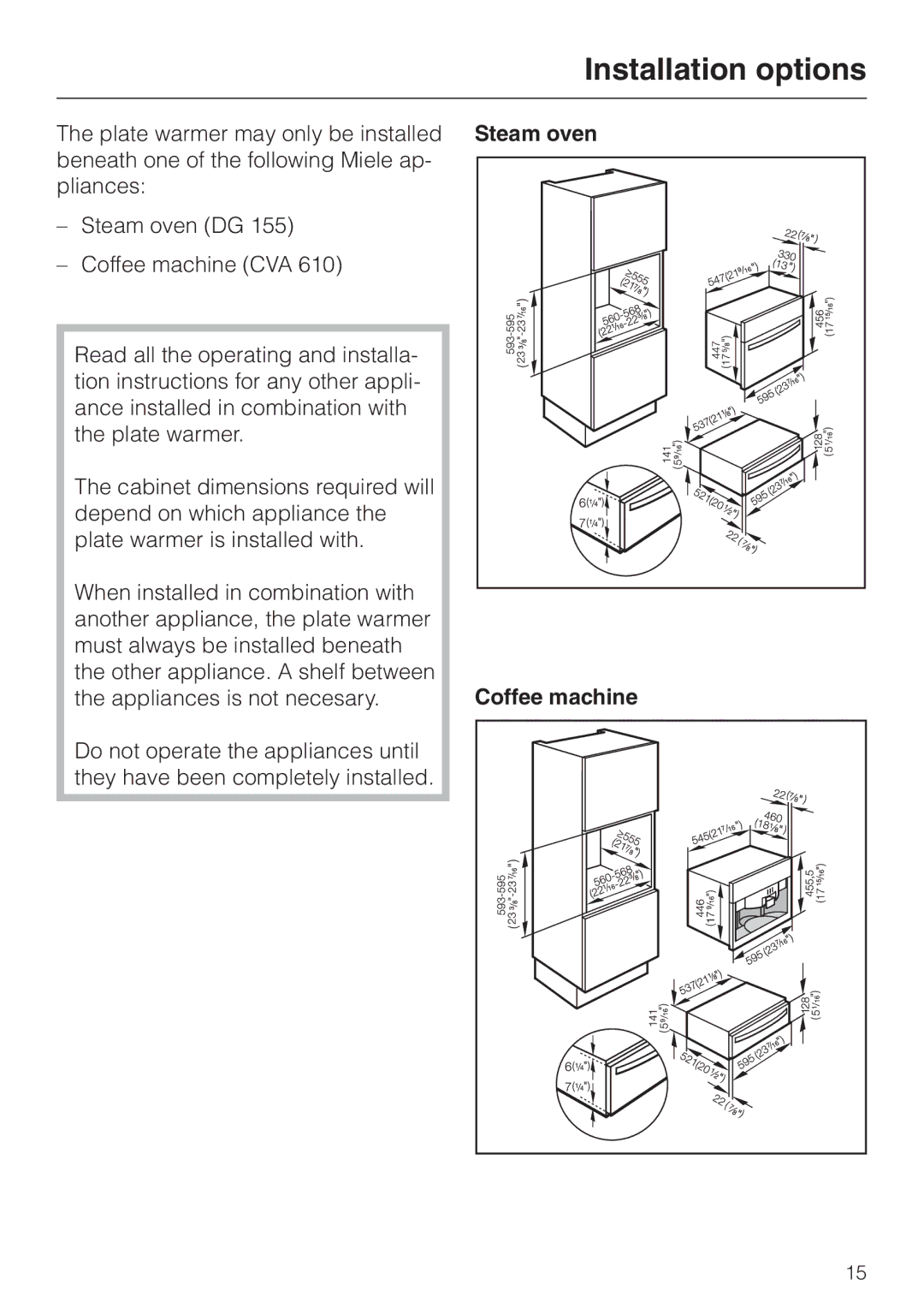 Miele EGW602-14 installation instructions Installation options, Steam oven Coffee machine 