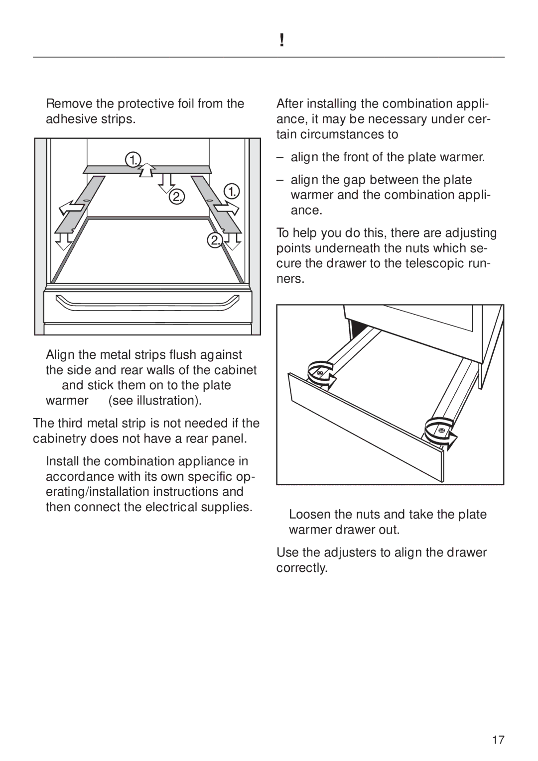 Miele EGW602-14 installation instructions Adhering the insulation strips, Aligning the front of the plate warmer 