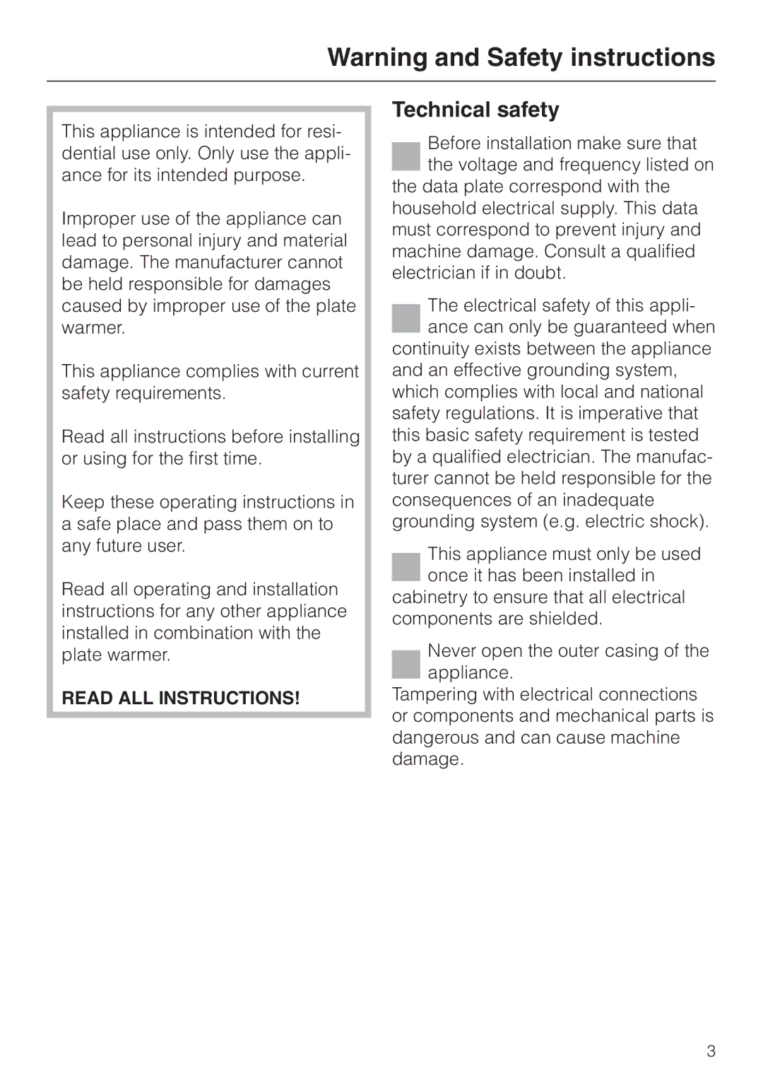 Miele EGW602-14 installation instructions Technical safety 