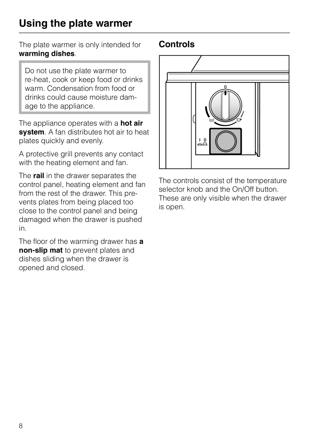 Miele EGW602-14 installation instructions Using the plate warmer, Controls 