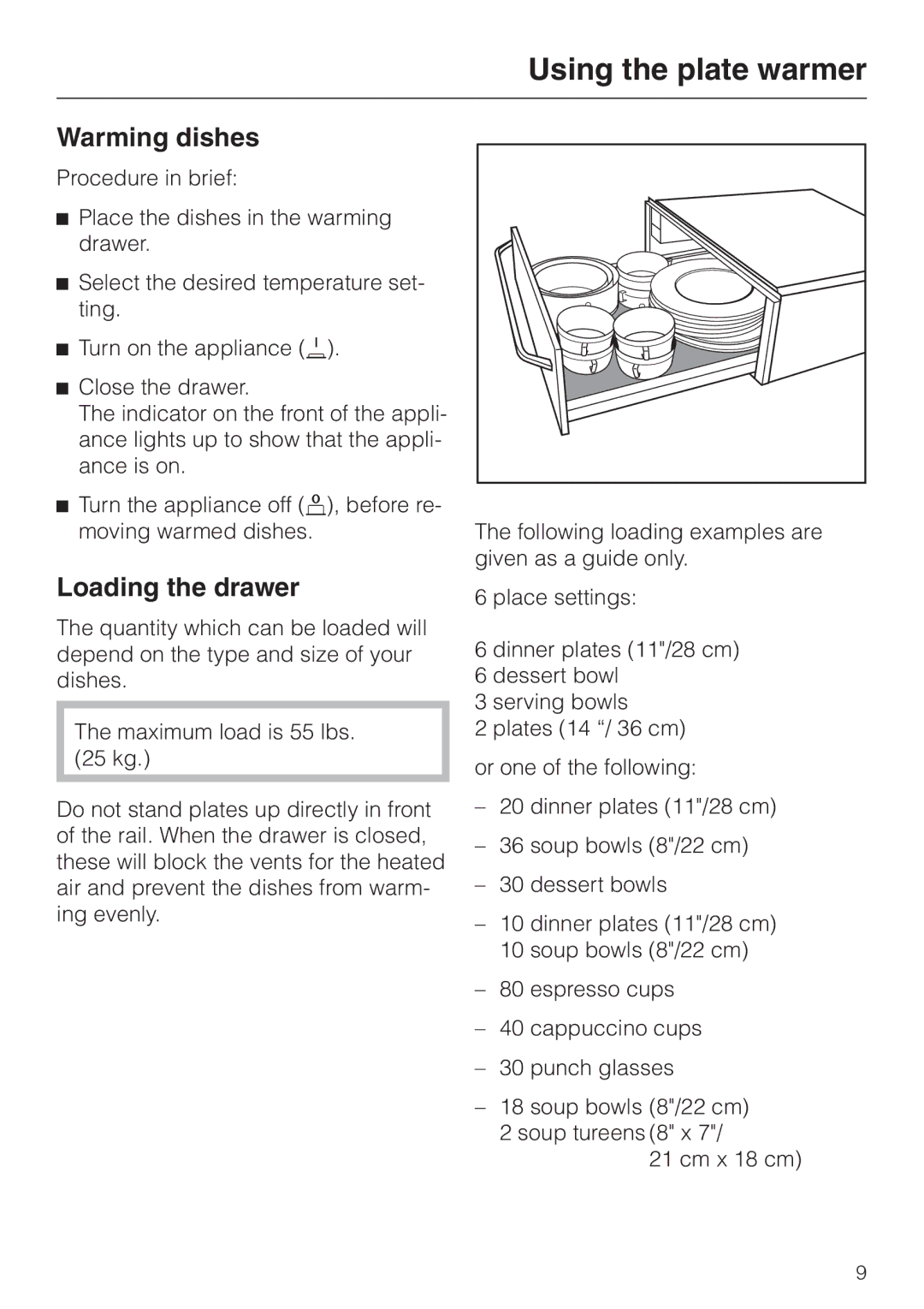 Miele EGW602-14 installation instructions Warming dishes, Loading the drawer 