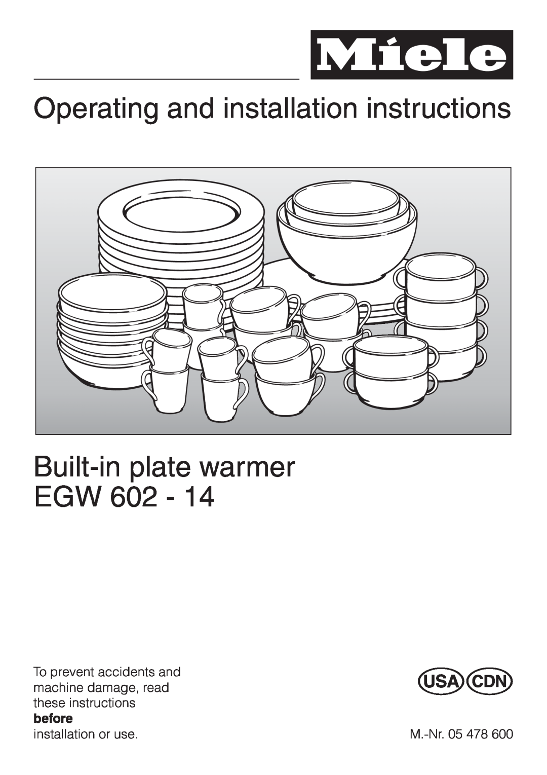 Miele EGW602-14 installation instructions Operating and installation instructions, Built-inplate warmer EGW 