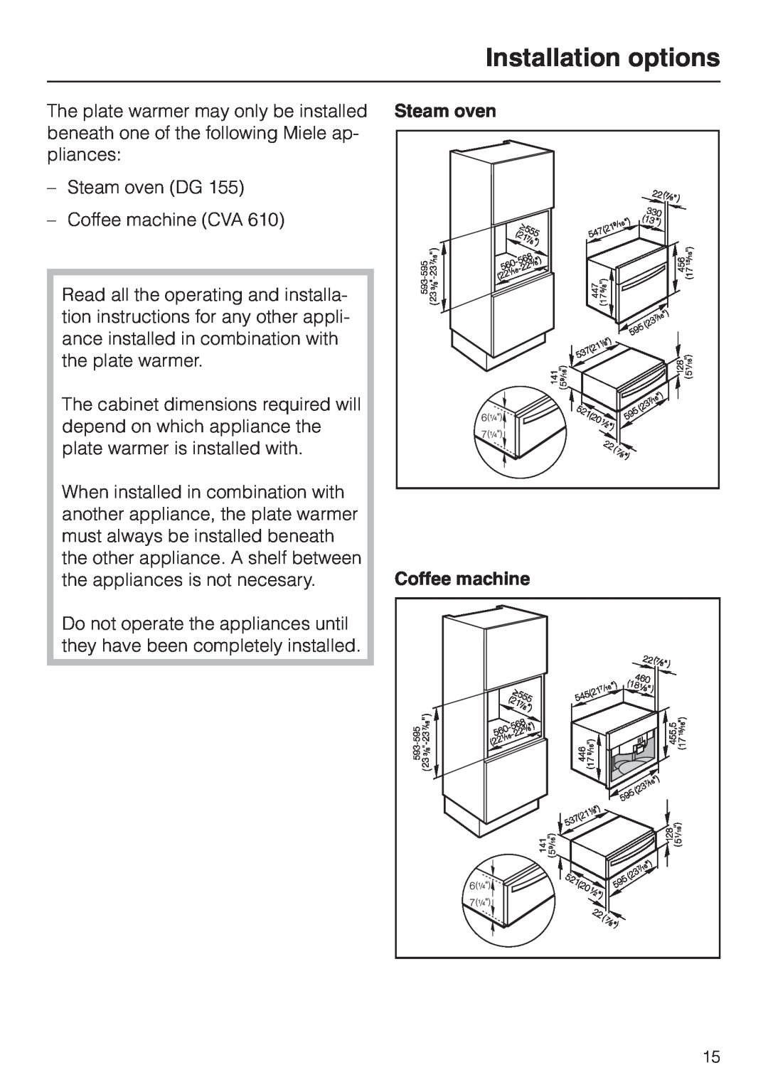 Miele EGW602-14 installation instructions Installation options, Steam oven Coffee machine 