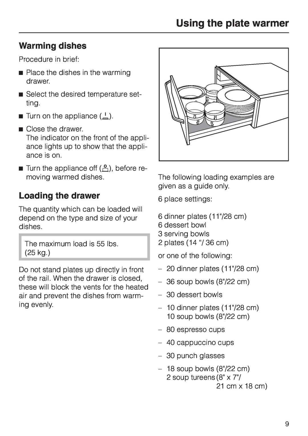 Miele EGW602-14 installation instructions Warming dishes, Loading the drawer, Using the plate warmer 