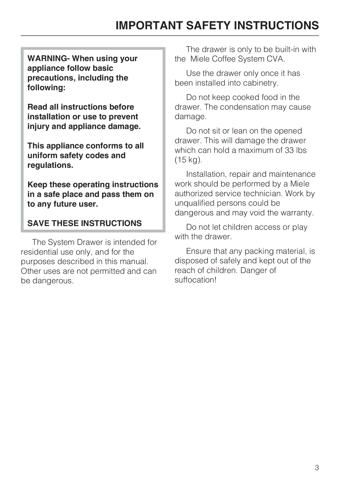 Miele ESS 2062 installation instructions Important Safety Instructions 