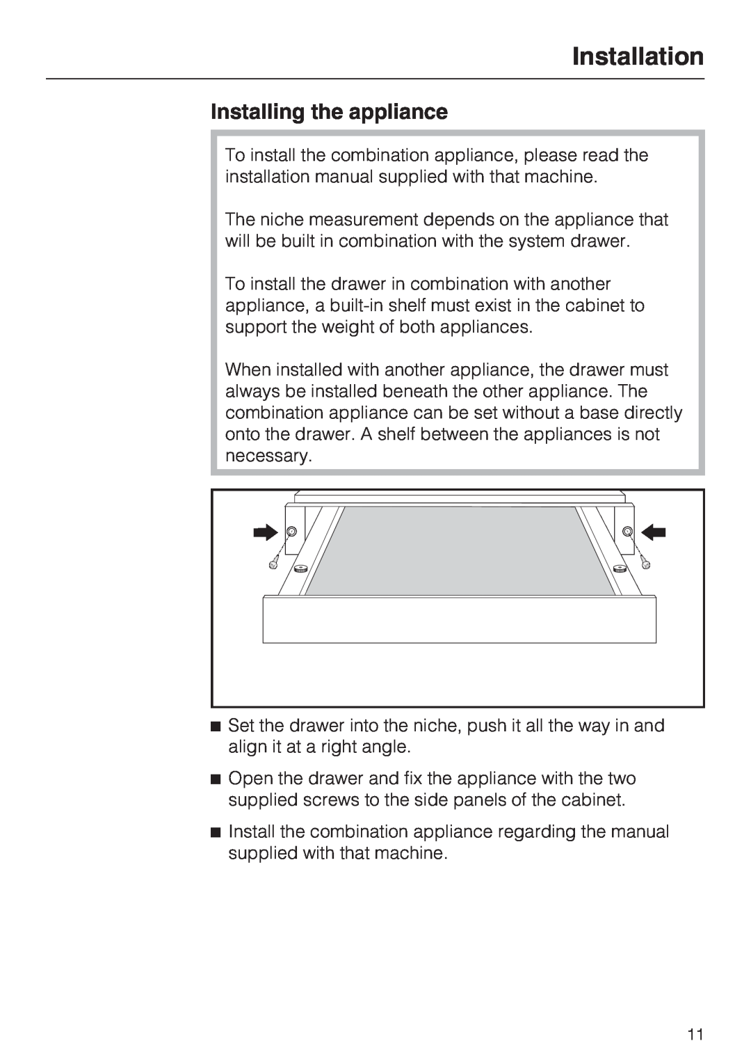 Miele ESS 2062 installation instructions Installing the appliance, Installation 