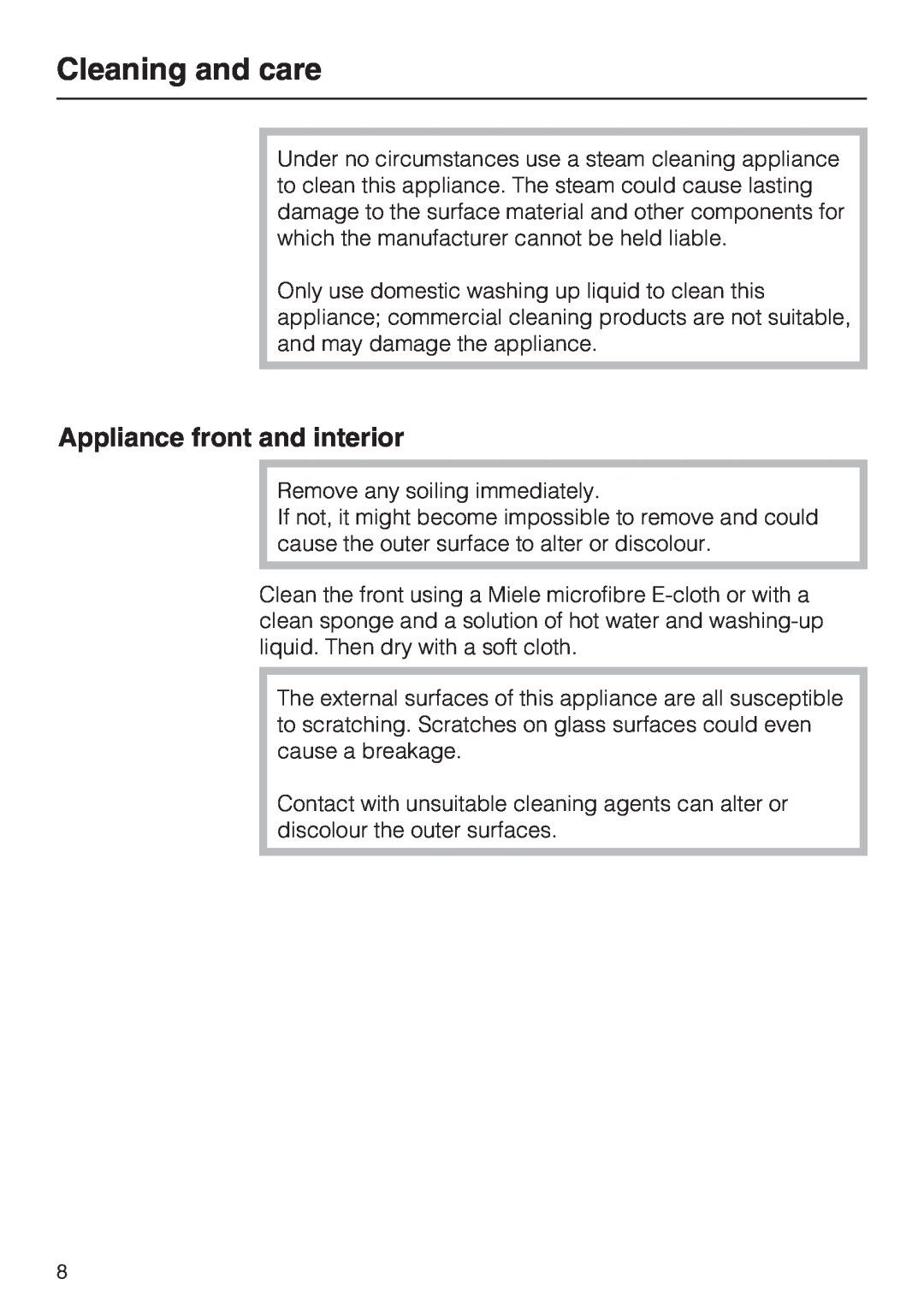 Miele ESS 3060-10 installation instructions Cleaning and care, Appliance front and interior 