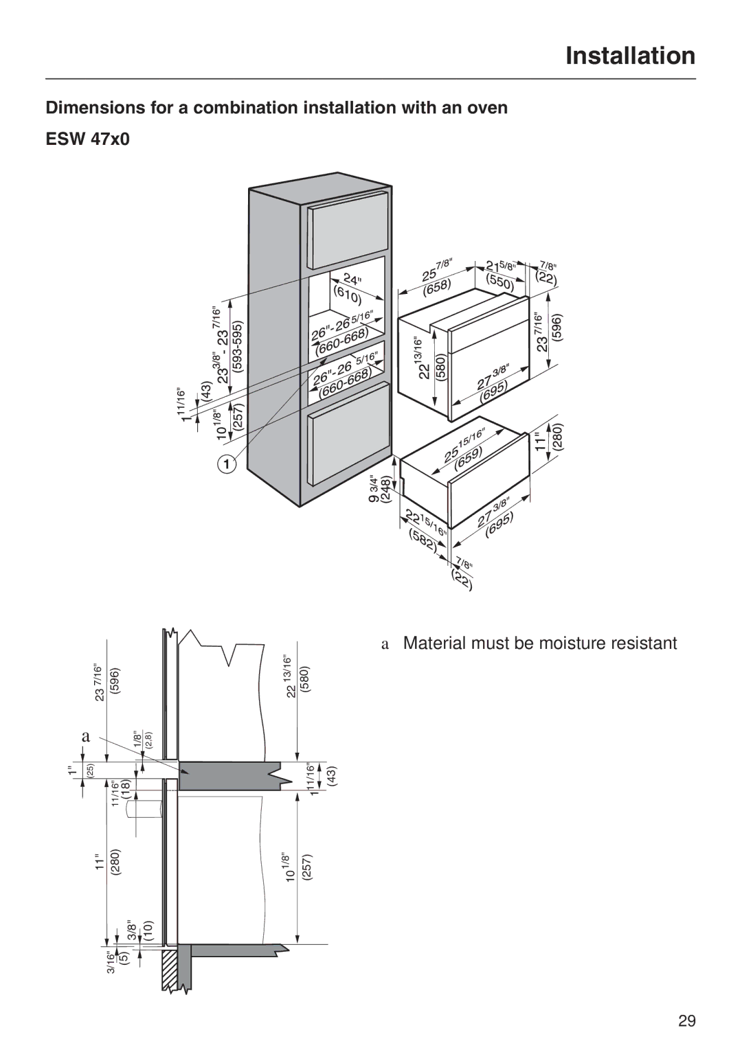 Miele ESW 47XX, ESW 48XX EN_CA installation instructions Dimensions for a combination installation with an oven ESW 