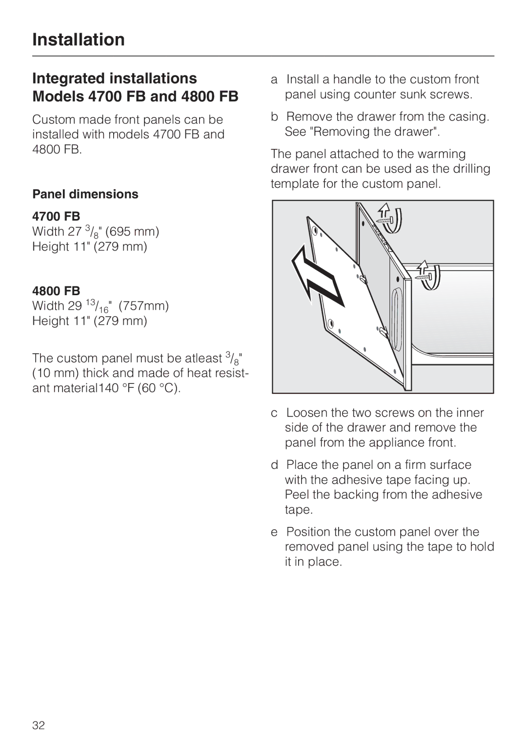 Miele ESW 48XX EN_CA, ESW 47XX Integrated installations Models 4700 FB and 4800 FB, Panel dimensions 4700 FB 