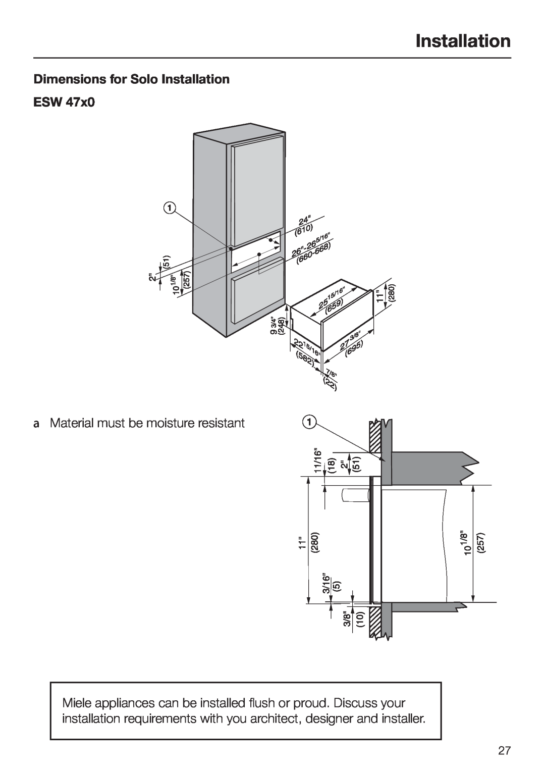 Miele ESW 47XX, ESW 48XX EN_CA Dimensions for Solo Installation ESW, a Material must be moisture resistant 