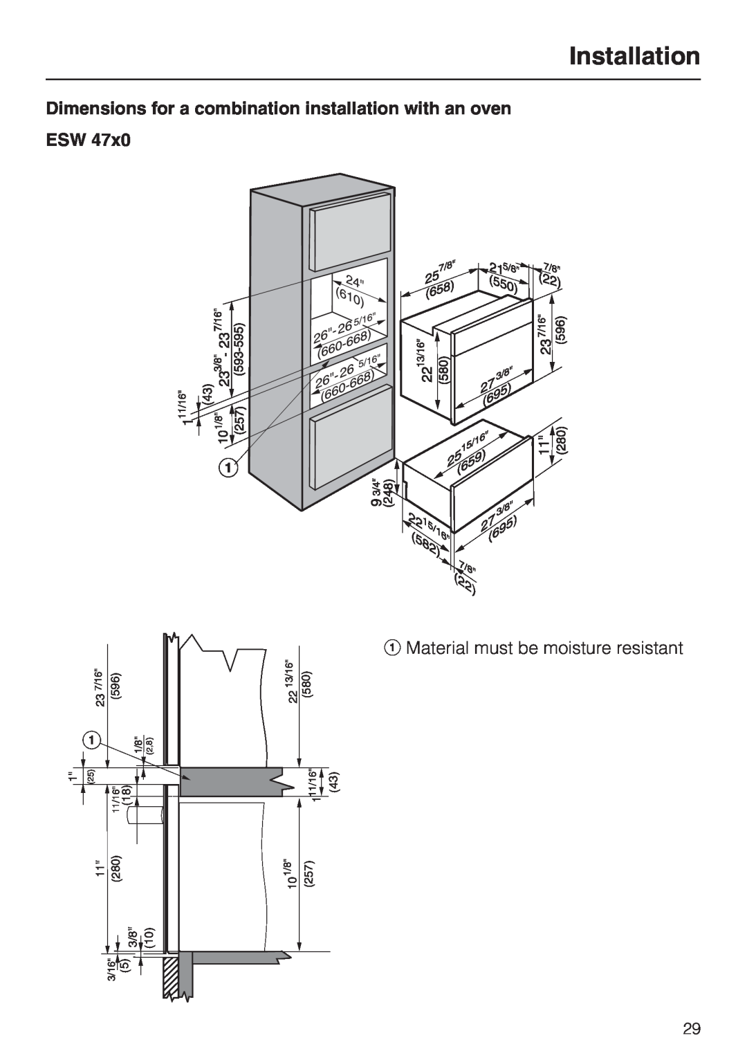Miele ESW 47XX Dimensions for a combination installation with an oven ESW, Installation, 11/16, 7/16, 13/16 