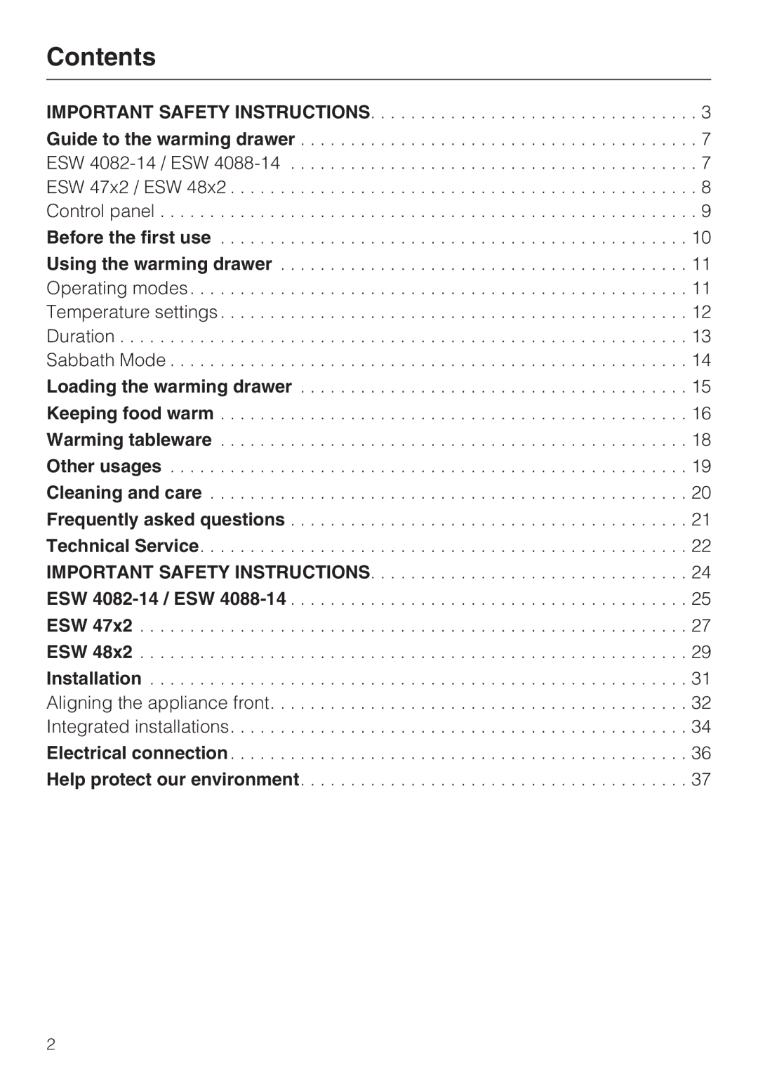 Miele ESW 47X2, ESW 48X2, ESW4082-14, ESW 4088-14 installation instructions Contents 