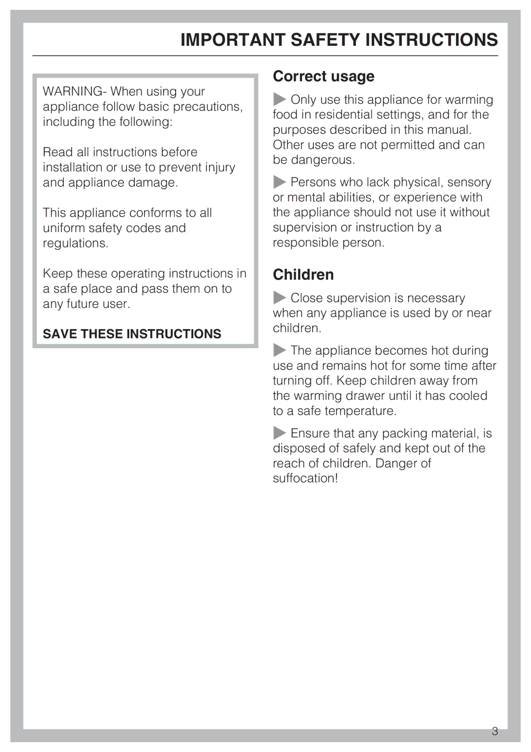 Miele ESW 4088-14, ESW 48X2, ESW4082-14, ESW 47X2 installation instructions Correct usage, Children 