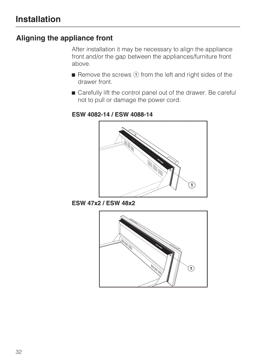 Miele ESW 48X2, ESW4082-14, ESW 47X2, ESW 4088-14 installation instructions Aligning the appliance front 