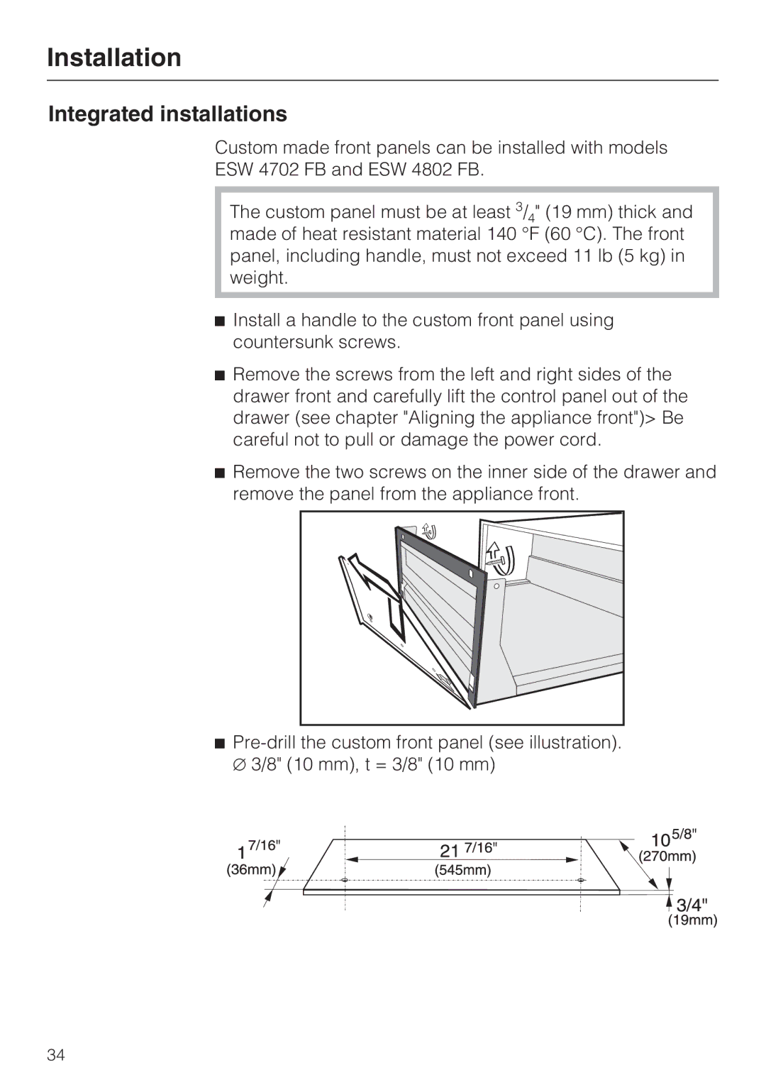 Miele ESW 47X2, ESW 48X2, ESW4082-14, ESW 4088-14 installation instructions Integrated installations 