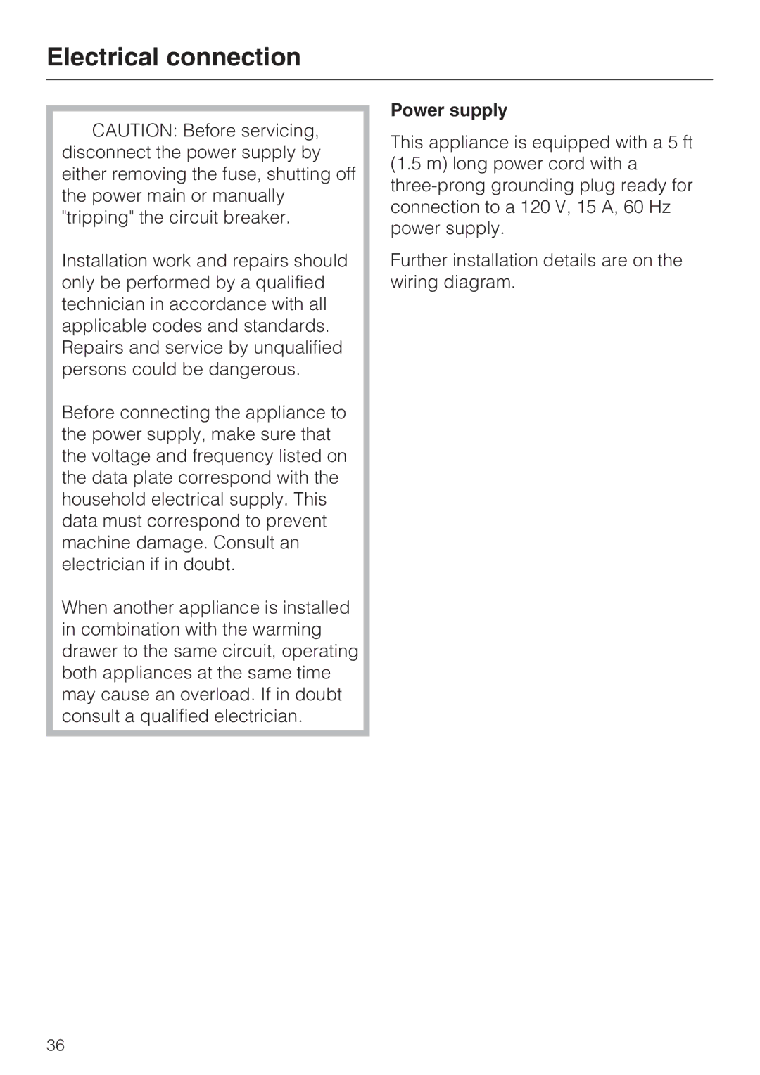 Miele ESW 48X2, ESW4082-14, ESW 47X2, ESW 4088-14 installation instructions Electrical connection, Power supply 