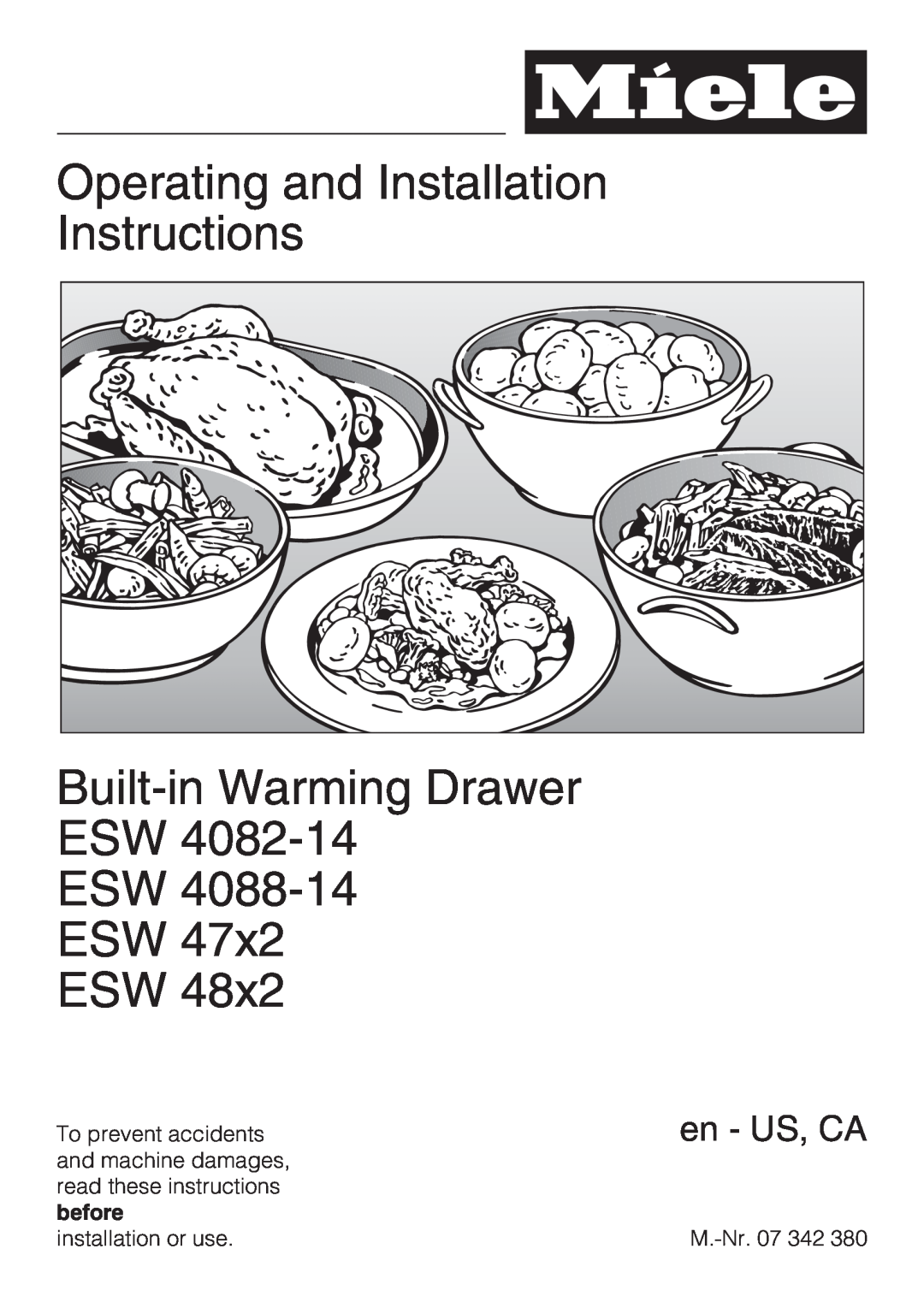 Miele ESW4082-14 installation instructions Operating and Installation Instructions, Built-inWarming Drawer ESW ESW ESW ESW 