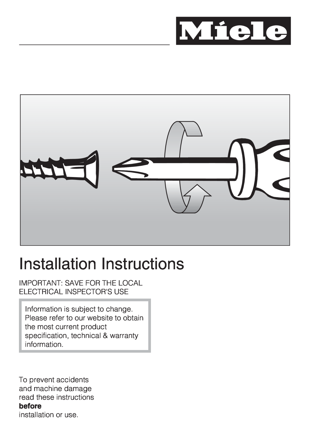 Miele ESW 4088-14 Installation Instructions, Important Save For The Local, Electrical Inspectors Use, installation or use 
