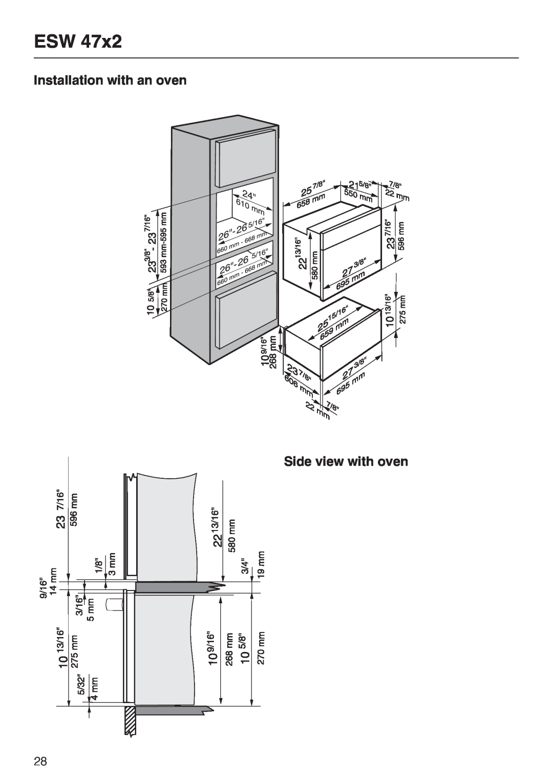 Miele ESW 48X2, ESW4082-14, ESW 47X2, ESW 4088-14 installation instructions Installation with an oven Side view with oven 