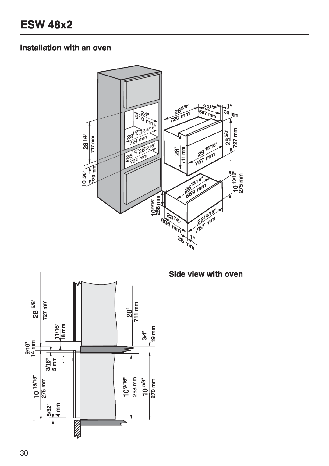 Miele ESW 47X2, ESW 48X2, ESW4082-14, ESW 4088-14 installation instructions Installation with an oven Side view with oven 