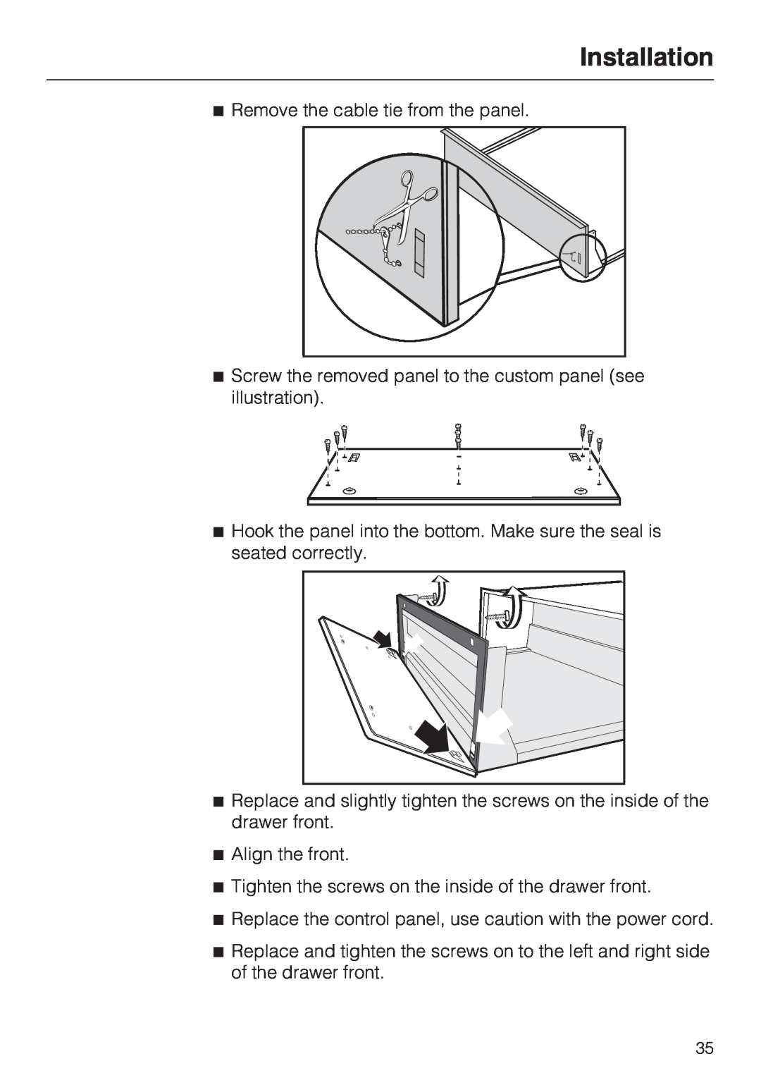 Miele ESW 4088-14, ESW 48X2, ESW4082-14, ESW 47X2 installation instructions Installation, Remove the cable tie from the panel 
