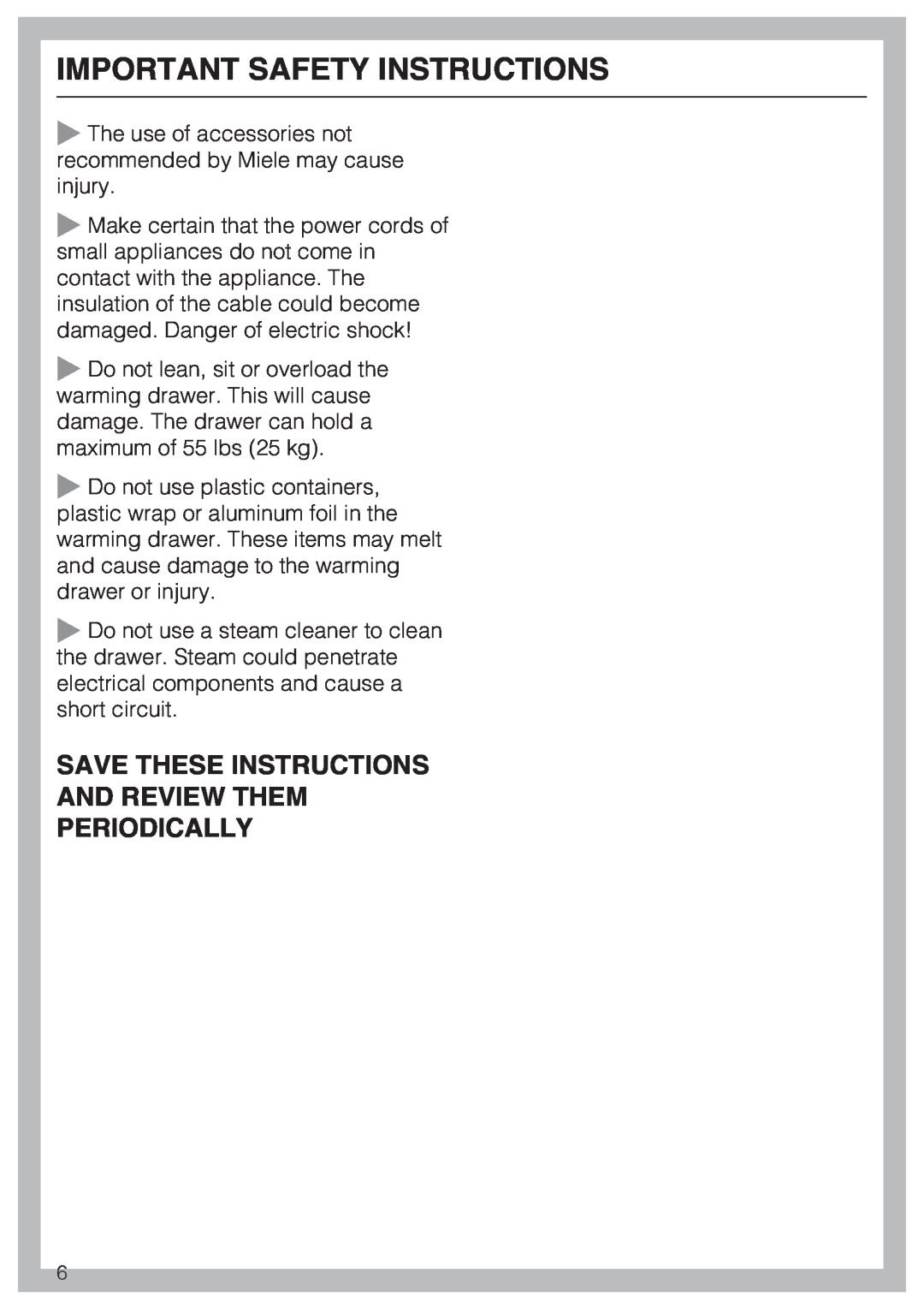 Miele ESW 47X2, ESW 48X2, ESW4082-14 Save These Instructions And Review Them, Periodically, Important Safety Instructions 