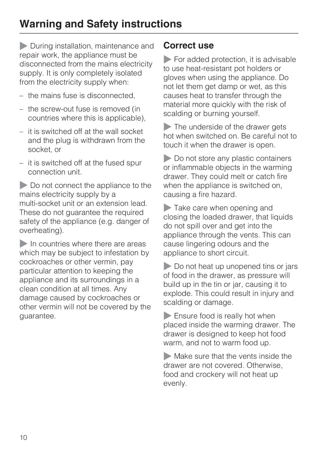 Miele ESW 5088-14, ESW 50X0-14, ESW 50X0-29 installation instructions Correct use 