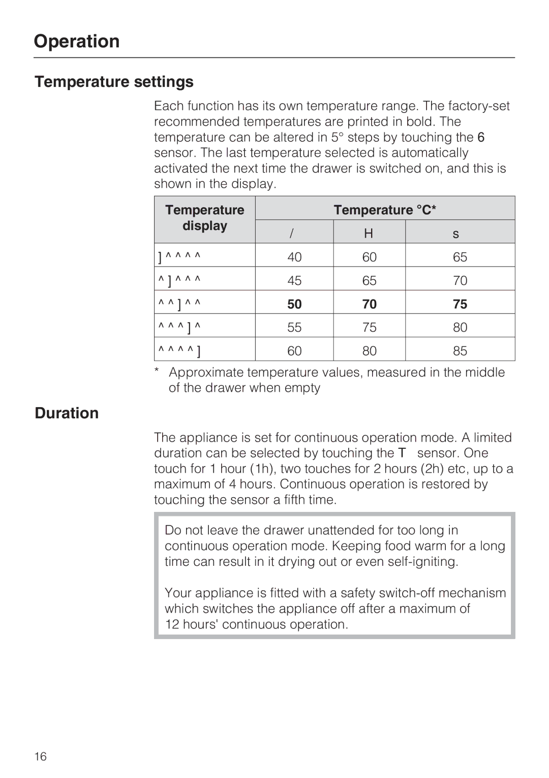 Miele ESW 5088-14, ESW 50X0-14, ESW 50X0-29 Temperature settings, Duration, Temperature Temperature C Display 