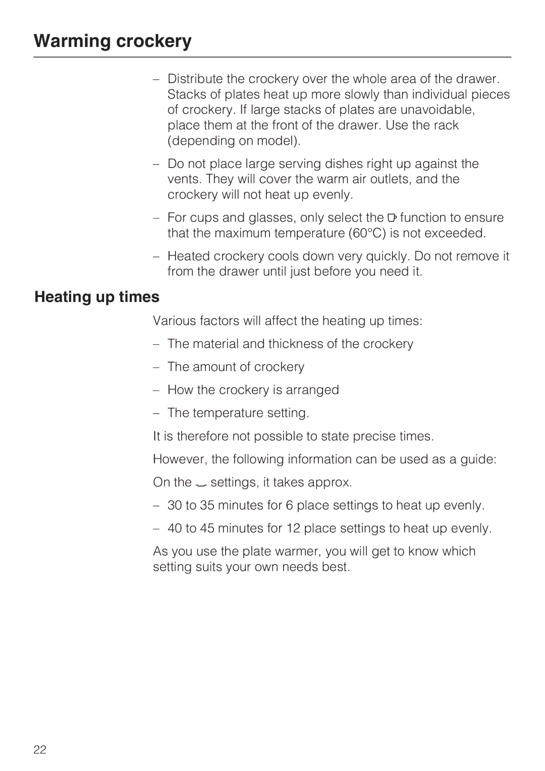 Miele ESW 5088-14, ESW 50X0-14, ESW 50X0-29 installation instructions Warming crockery, Heating up times 