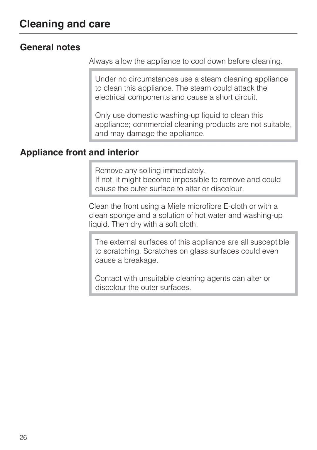 Miele ESW 50X0-29, ESW 50X0-14, ESW 5088-14 Cleaning and care, General notes, Appliance front and interior 