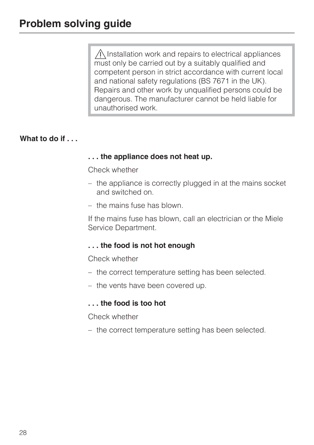 Miele ESW 5088-14 Problem solving guide, What to do if Appliance does not heat up, Food is not hot enough, Food is too hot 