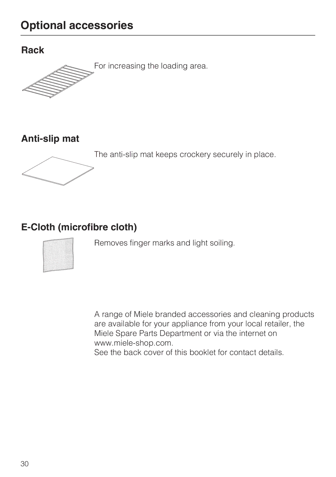 Miele ESW 50X0-14, ESW 5088-14, ESW 50X0-29 installation instructions Optional accessories, Rack, Cloth microfibre cloth 