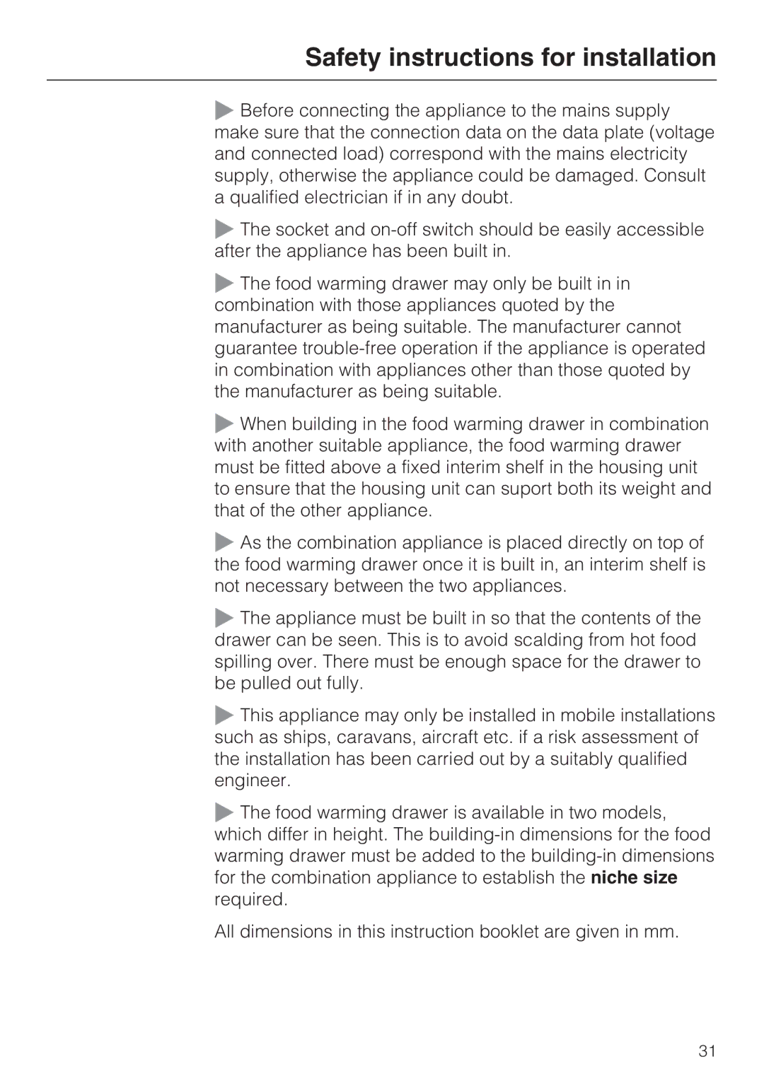 Miele ESW 5088-14, ESW 50X0-14, ESW 50X0-29 installation instructions Safety instructions for installation 