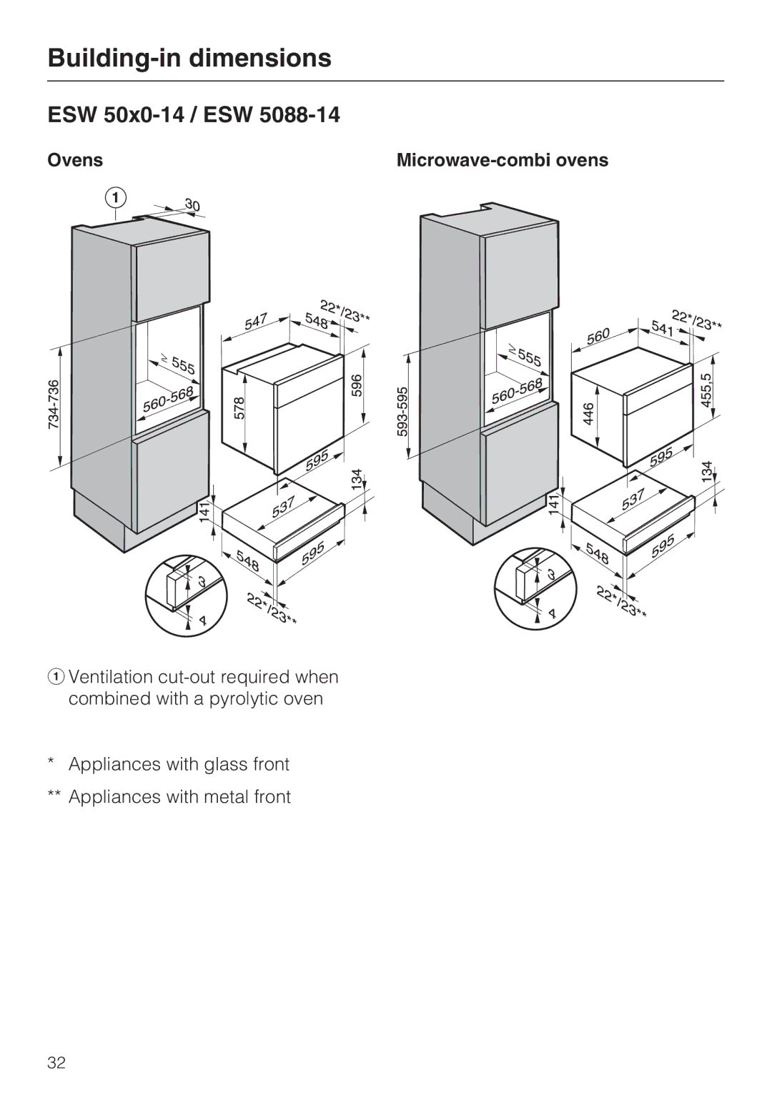 Miele ESW 50X0-29, ESW 50X0-14, ESW 5088-14 installation instructions Building-in dimensions, Ovens Microwave-combi ovens 