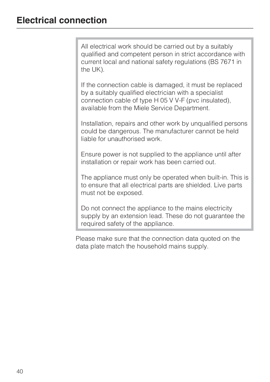 Miele ESW 5088-14, ESW 50X0-14, ESW 50X0-29 installation instructions Electrical connection 