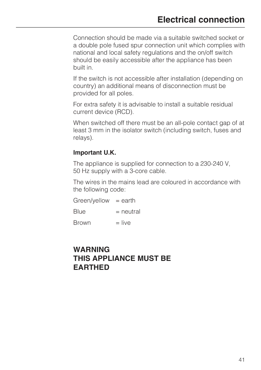 Miele ESW 50X0-29, ESW 50X0-14, ESW 5088-14 installation instructions Important U.K 