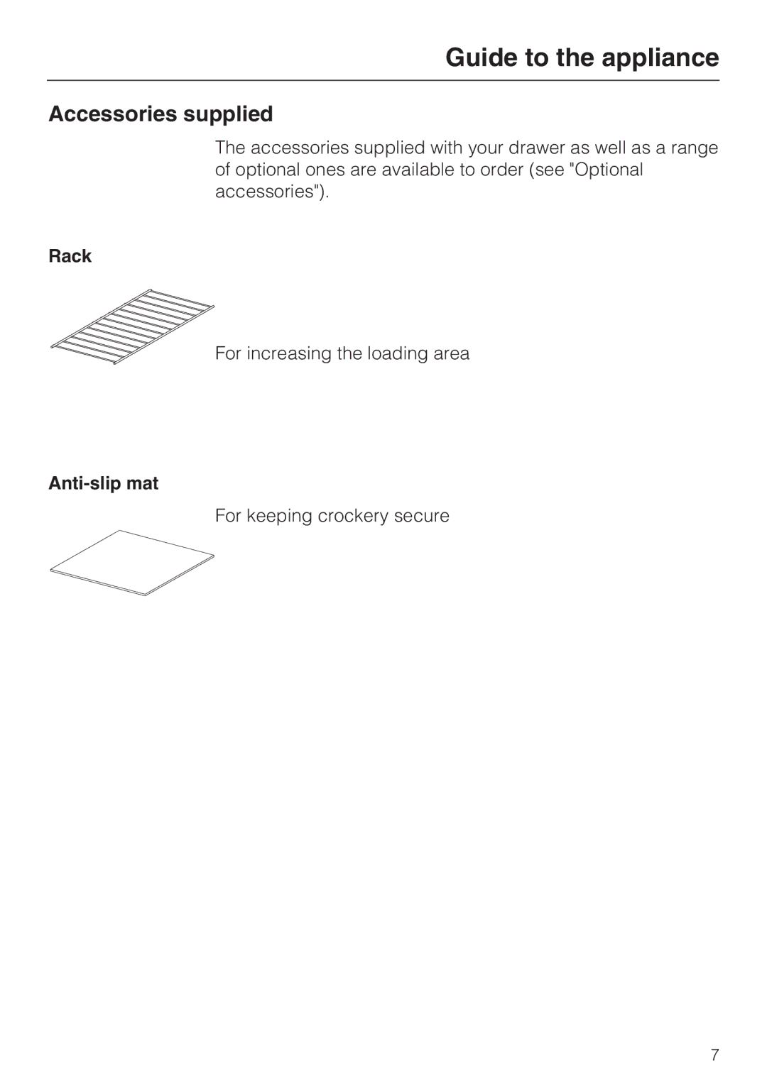 Miele ESW 5088-14, ESW 50X0-14, ESW 50X0-29 installation instructions Accessories supplied, Rack, Anti-slip mat 